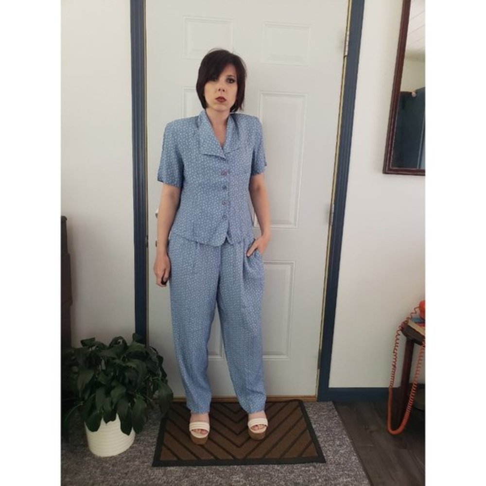 90s Blue Rayon Summer Pants Set‎